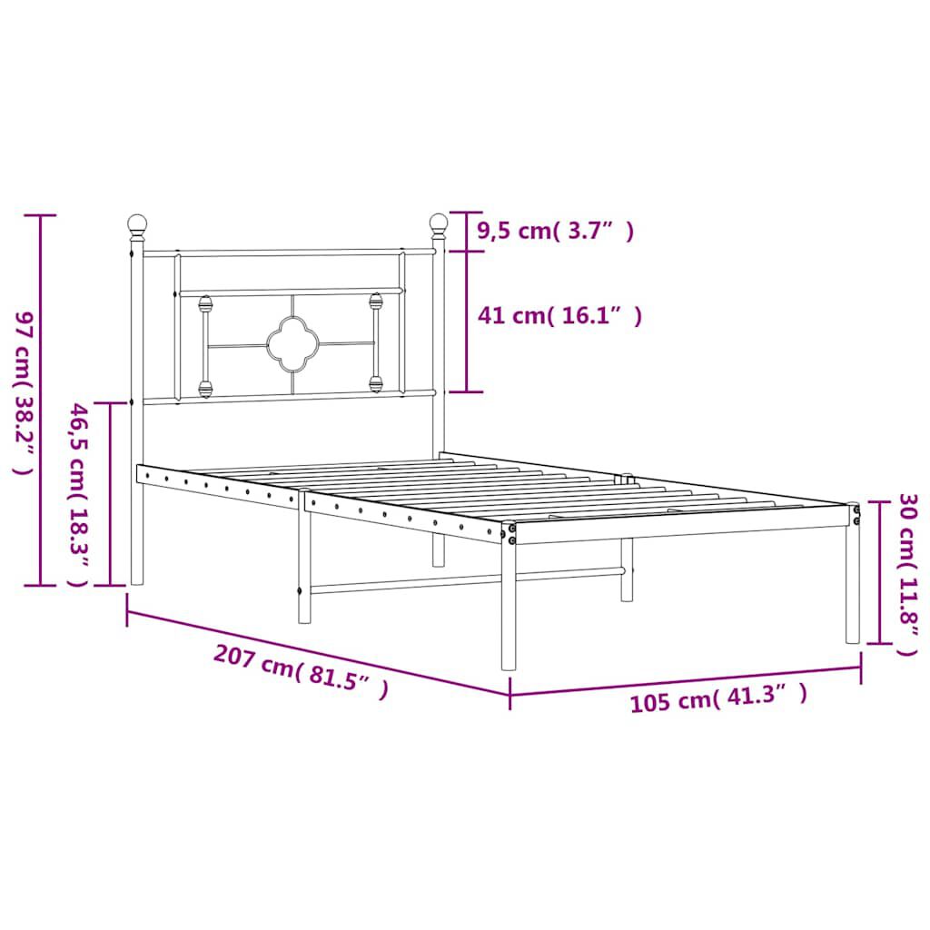 vidaXL Πλαίσιο Κρεβατιού με Κεφαλάρι Μαύρο 100 x 200 εκ. Μεταλλικό