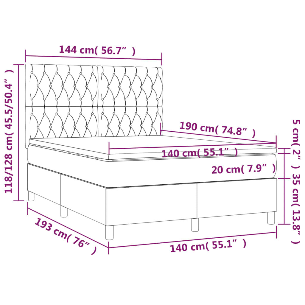 vidaXL Κρεβάτι Boxspring με Στρώμα & LED Σκ.Γκρι 140x190εκ. Υφασμάτινο