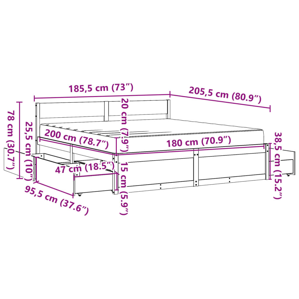 vidaXL Κρεβάτι με Συρτάρια και Στρώμα 180x200 εκ. Μασίφ Ξύλο Πεύκου