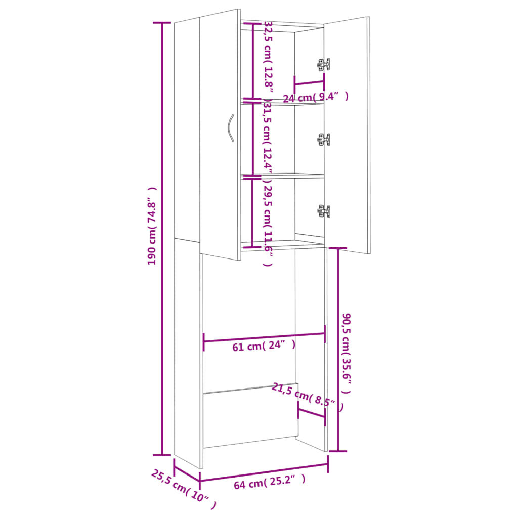vidaXL Ντουλάπι Πλυντηρίου Μαύρο 64 x 25,5 x 190 εκ.