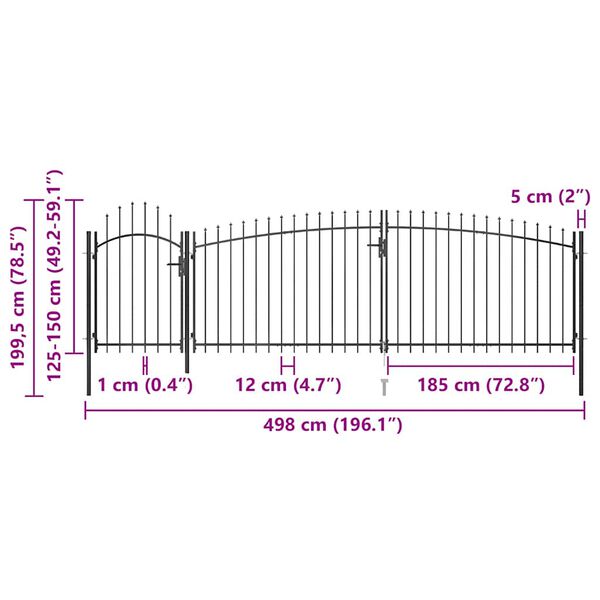 vidaXL Καγκελόπορτα με Λόγχες Μαύρη 5 x 2 μ.