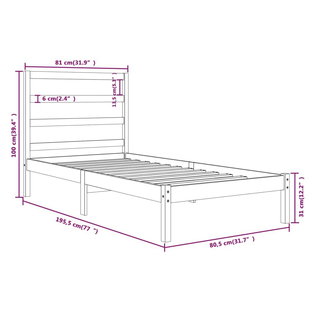 vidaXL Πλαίσιο Κρεβατιού Λευκό 75x190 εκ. Μασίφ Ξύλο Small Single