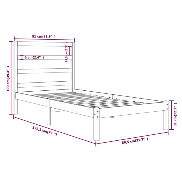 vidaXL Πλαίσιο Κρεβατιού Λευκό 75x190 εκ. Μασίφ Ξύλο Small Single