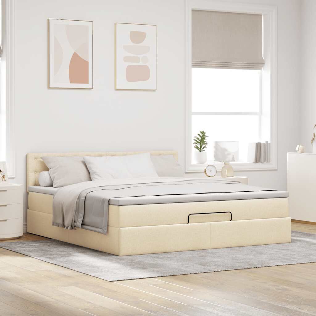 vidaXL Οθωμανικό Κρεβάτι με Στρώμα Κρέμα 160x200cm Ύφασμα