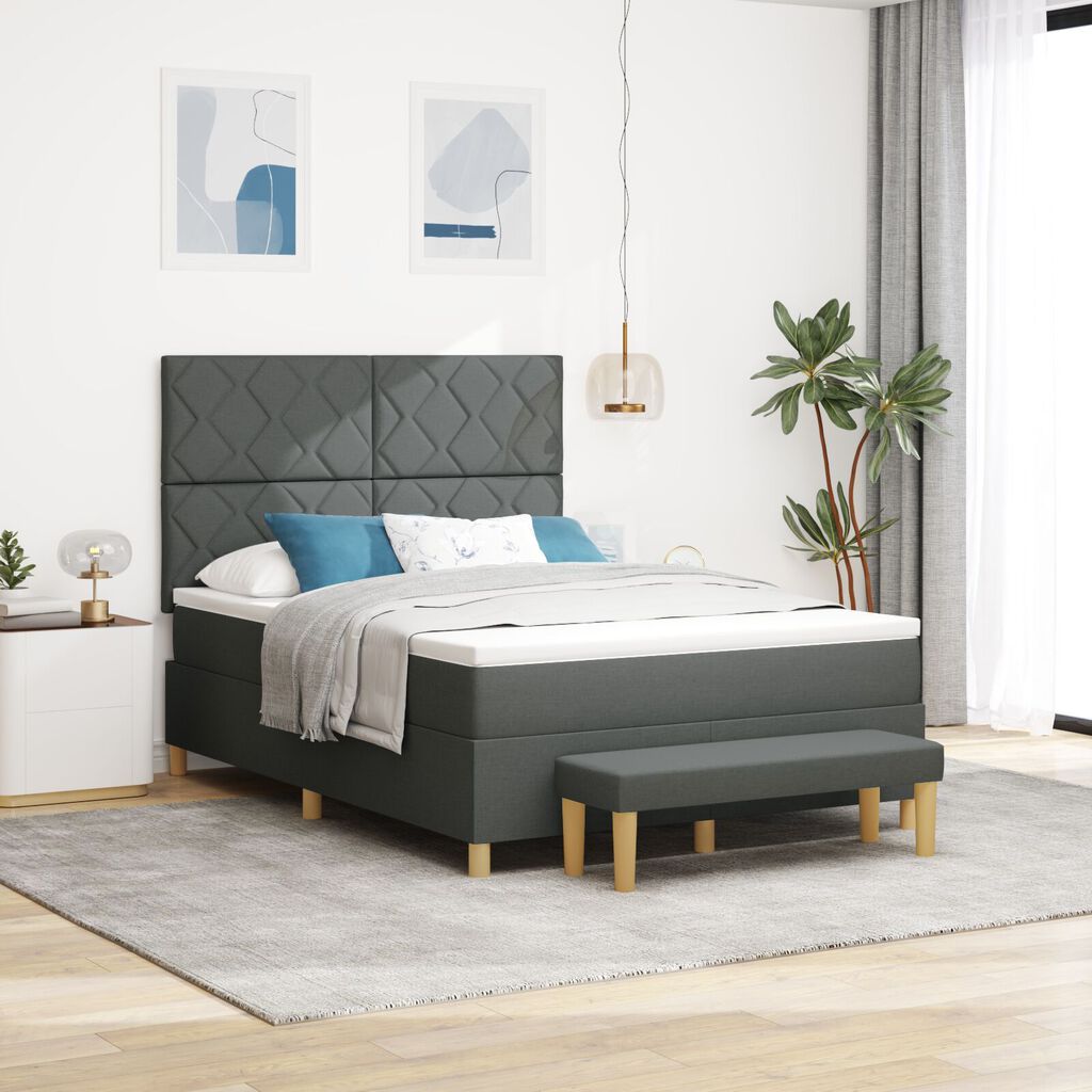 vidaXL Box Spring Κρεβάτι με Στρώμα & Παγκάκι Σκούρο Γκρι 140x200 cm Ύφασμα