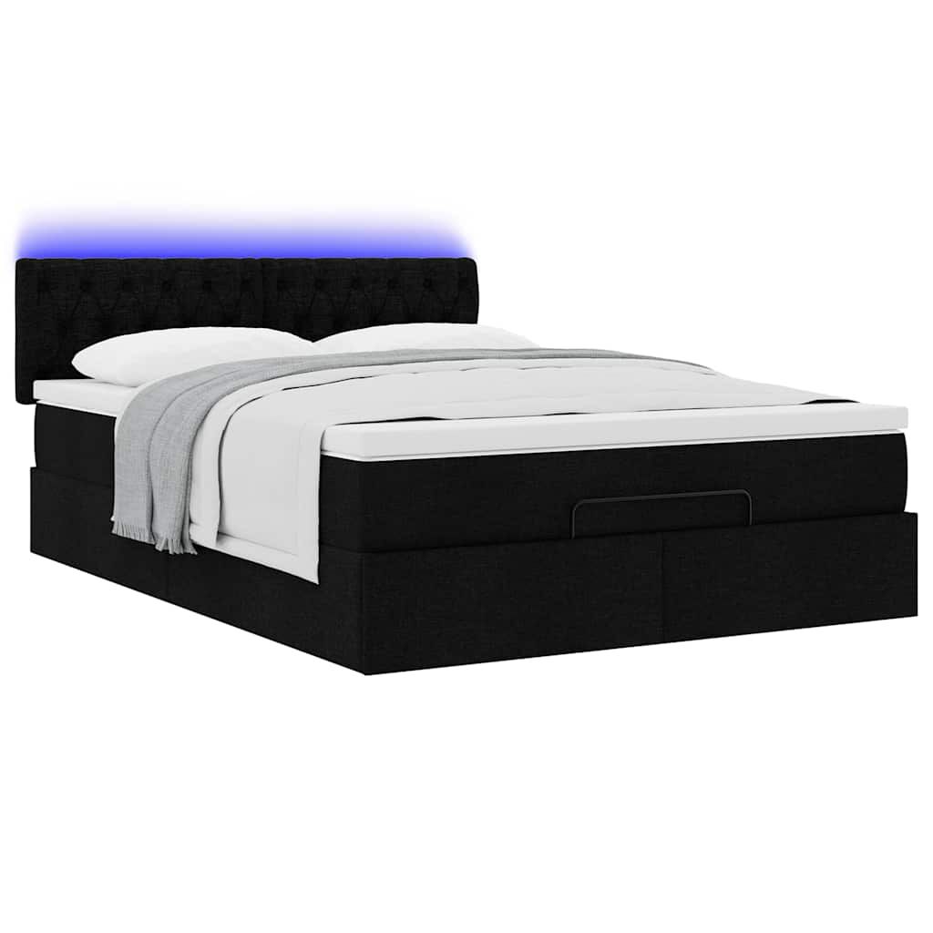 vidaXL Οθωμανικό κρεβάτι με στρώμα & LEDs Μαύρο 140x190 cm Ύφασμα
