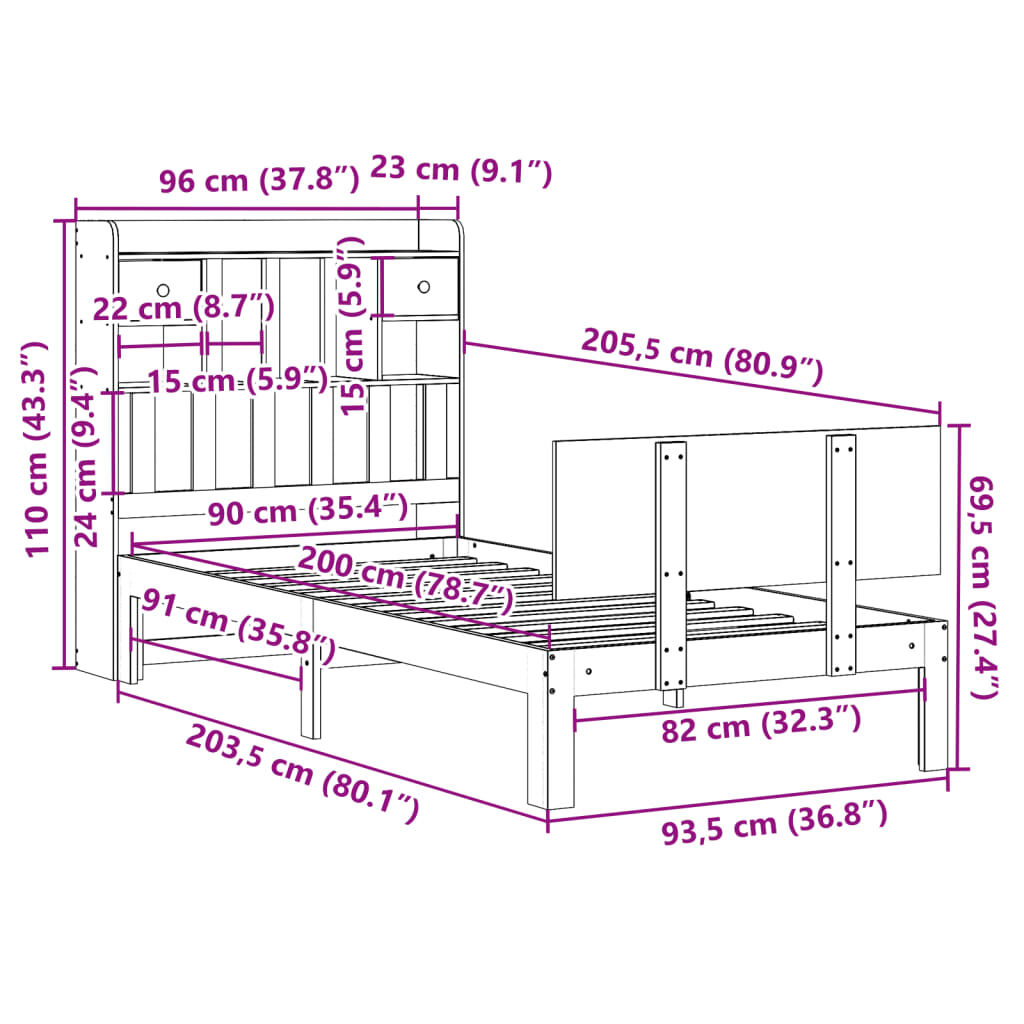 vidaXL Κρεβάτι Βιβλιοθήκη Χωρίς Στρώμα 90x200 εκ Μασίφ Ξύλο Πεύκου
