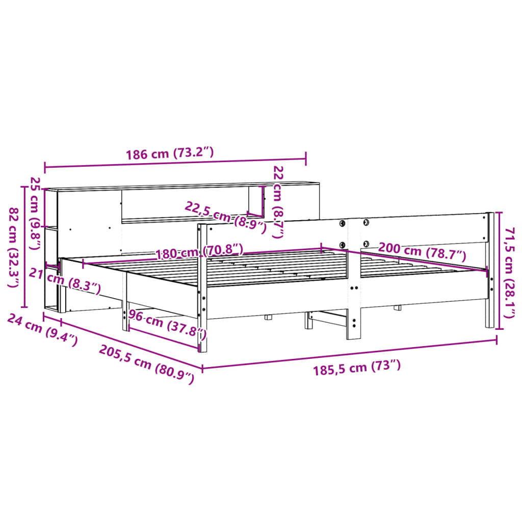 vidaXL Κρεβάτι Βιβλιοθήκη Χωρίς Στρώμα 180x200 εκ Μασίφ Ξύλο Πεύκου