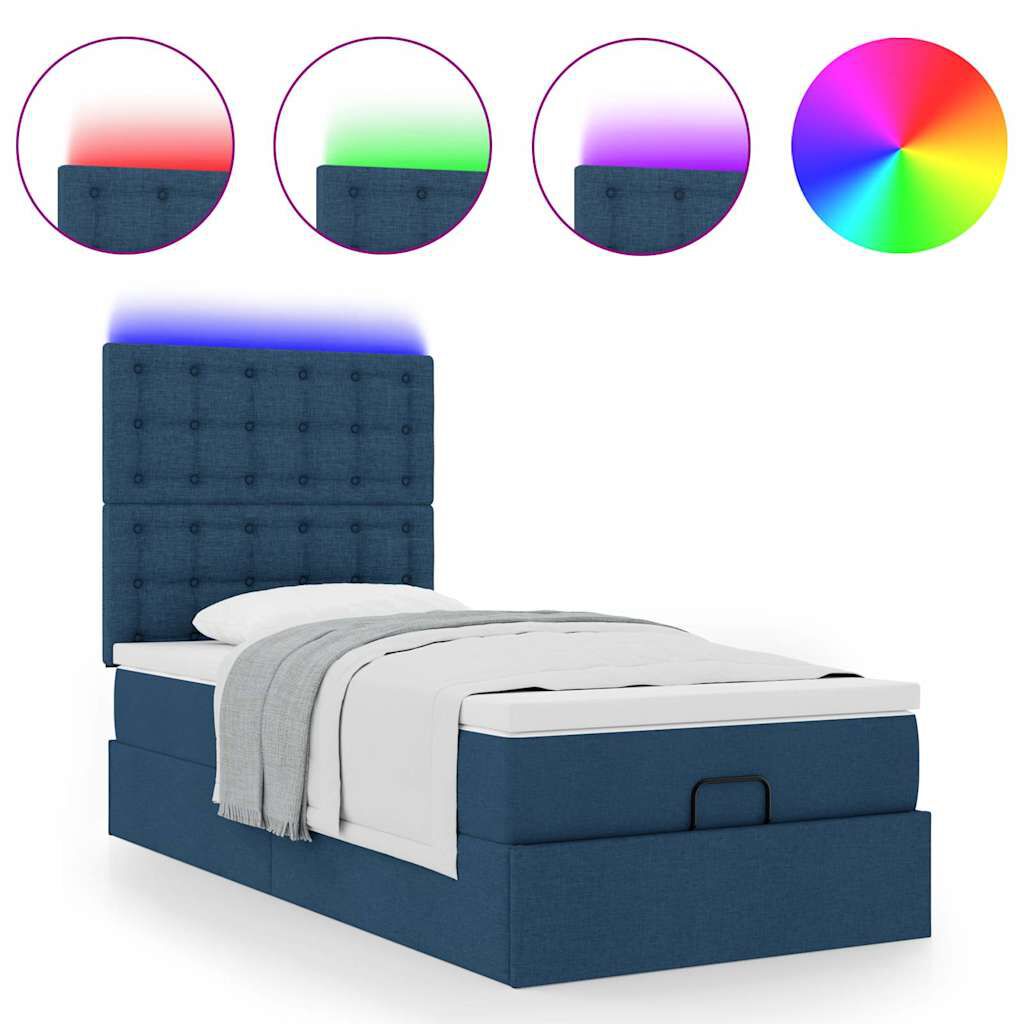 vidaXL Οθωμανικό κρεβάτι με στρώμα & LEDs Μπλε 100x200 cm Ύφασμα
