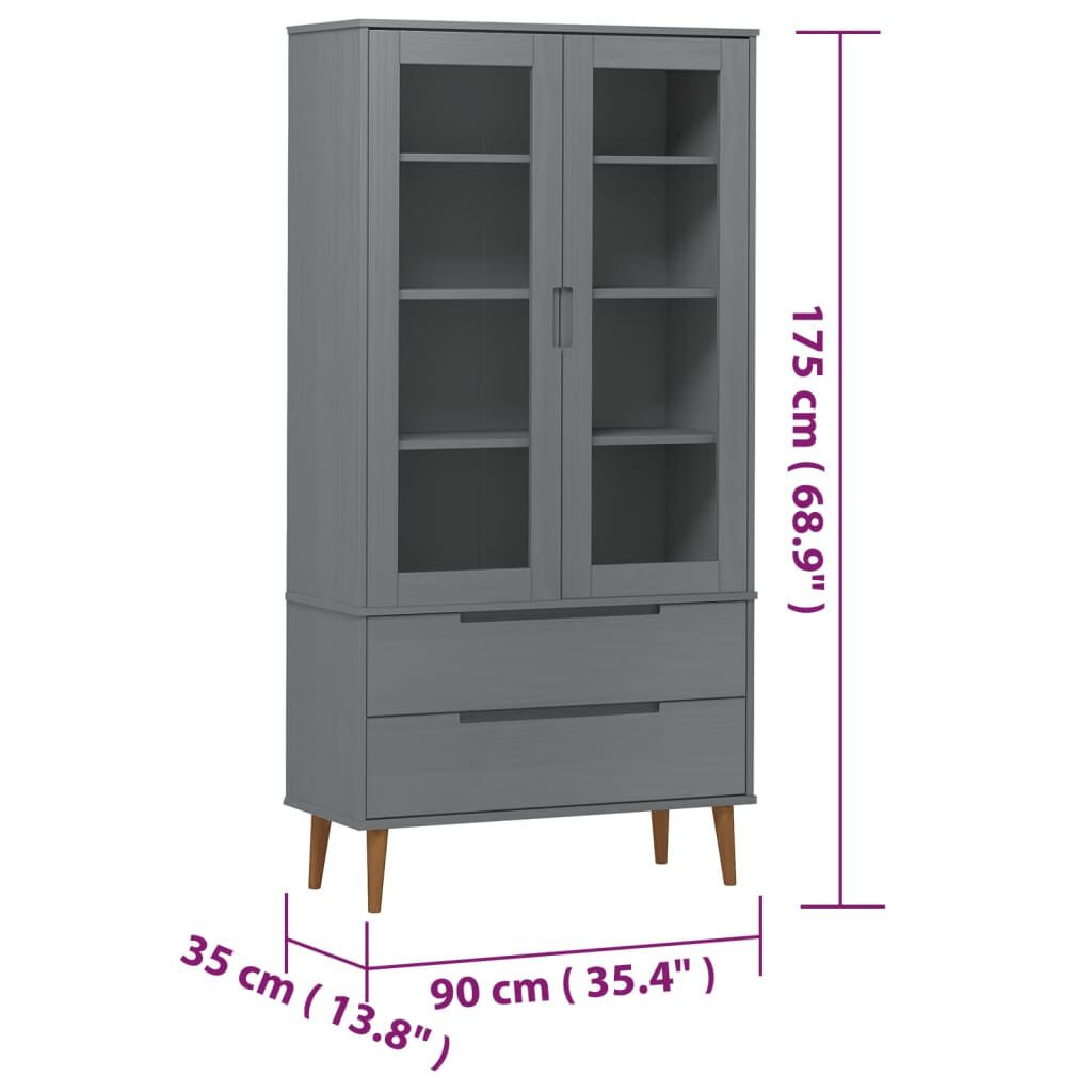 vidaXL Βιτρίνα MOLDE Γκρι 90 x 35 x 175 εκ. από Μασίφ Ξύλο Πεύκου