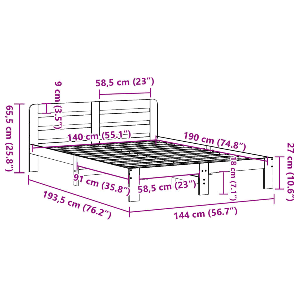 vidaXL Σκελετός Κρεβατιού Χωρίς Στρώμα Καφέ 140x190 Μασίφ Ξύλο Πεύκου
