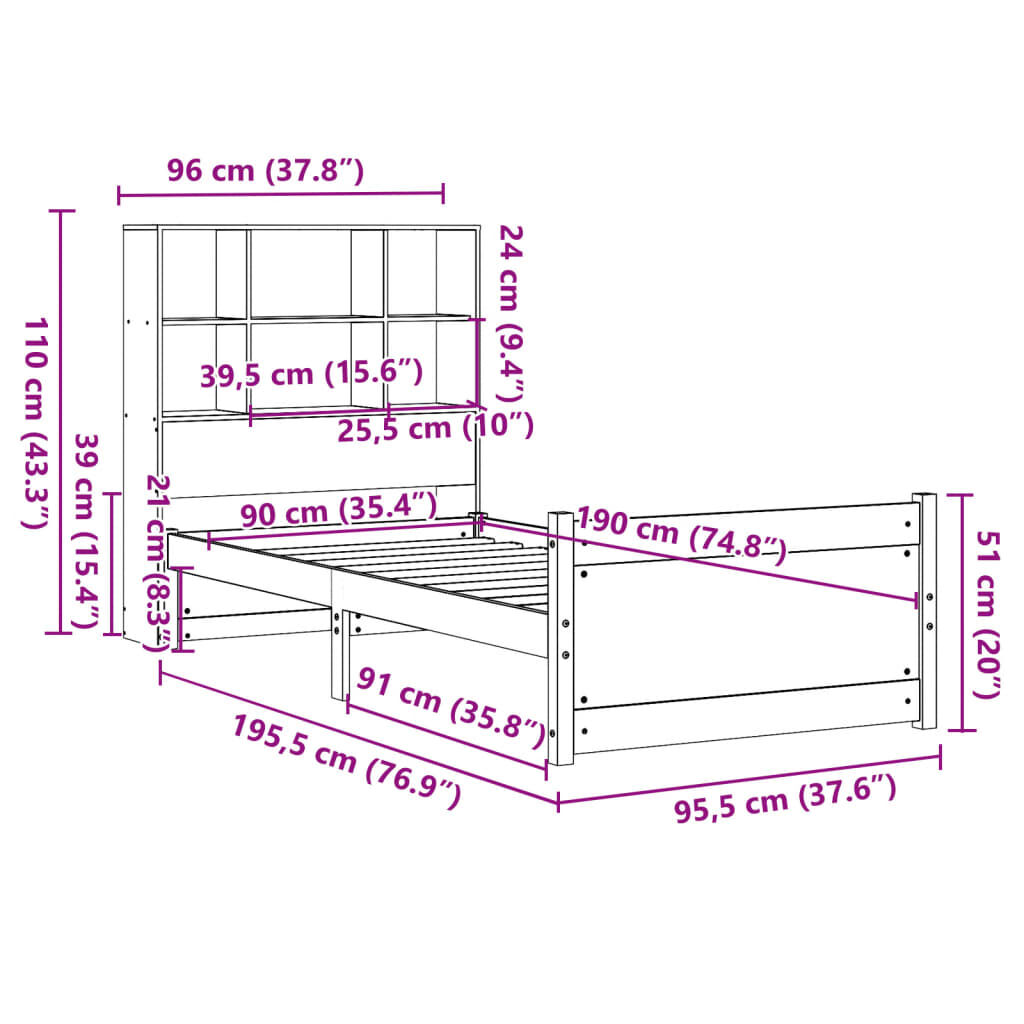vidaXL Κρεβάτι Βιβλιοθήκη Χωρίς Στρώμα 90x190 εκ Μασίφ Ξύλο Πεύκου