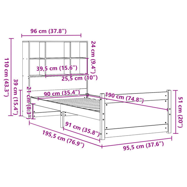 vidaXL Κρεβάτι Βιβλιοθήκη Χωρίς Στρώμα 90x190 εκ Μασίφ Ξύλο Πεύκου
