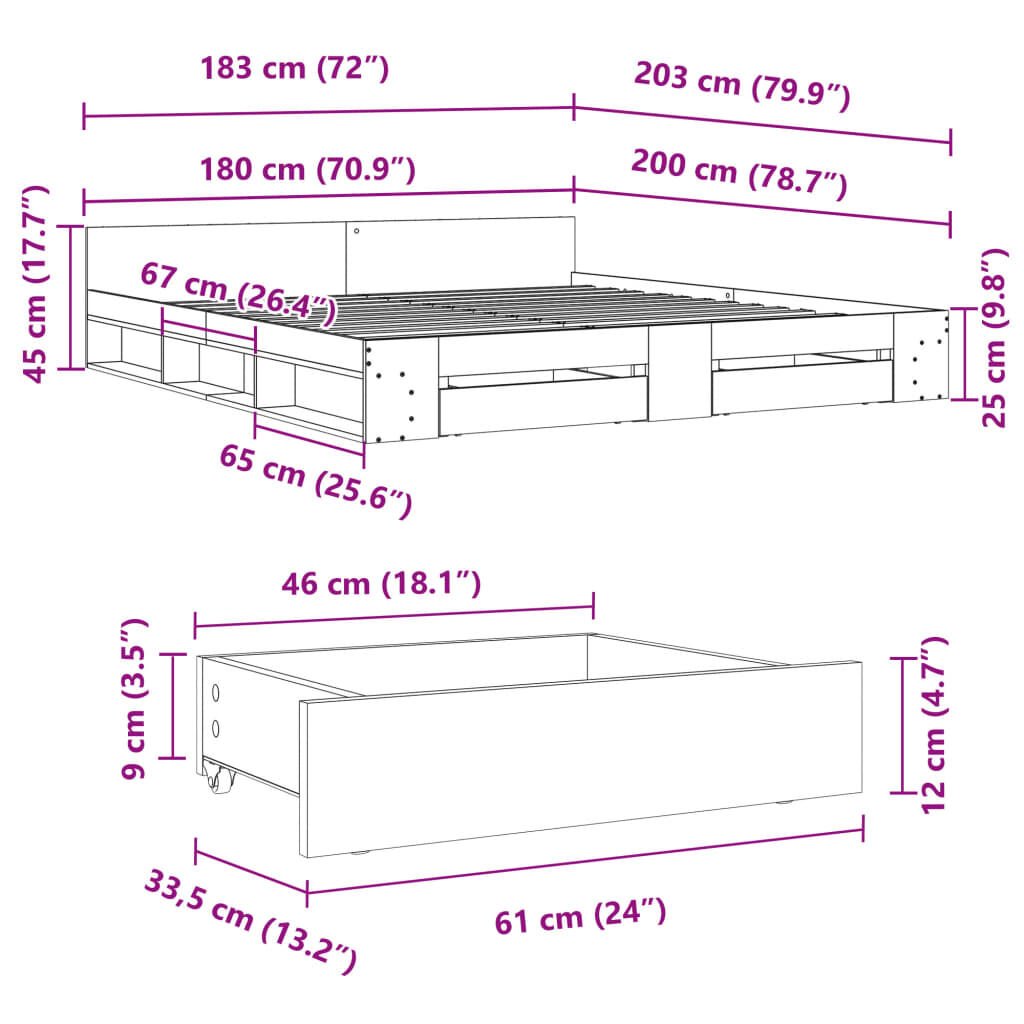 vidaXL Πλαίσιο Κρεβατιού με Συρτάρια Μαύρο 180x200 εκ Επεξεργ. Ξύλο