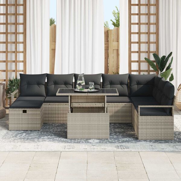 vidaXL Σετ Καναπέ Κήπου με μαξιλάρι 9 pcs Ανοιχτό γκρι Πολυ ράταν