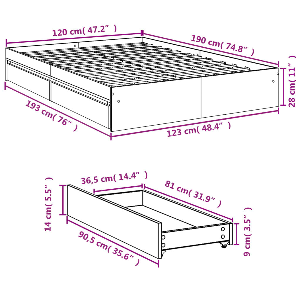 vidaXL Πλαίσιο Κρεβατιού με συρτάρια Καφέ δρυς 120x190εκ.Επεξ. Ξύλο