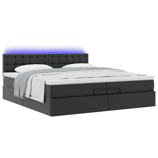 vidaXL Οθωμανικό κρεβάτι με στρώματα & LEDs Μαύρο Faux Leather