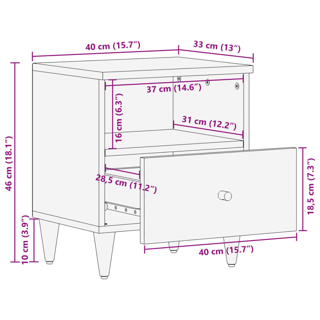 vidaXL Κομοδίνο 40 x 33 x 46 εκ. από Μασίφ Ξύλο Μάνγκο