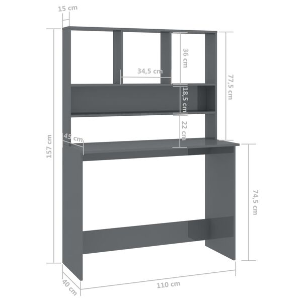vidaXL Γραφείο με Ράφια Γυαλιστερό Γκρι 110x45x157 εκ. Μοριοσανίδα