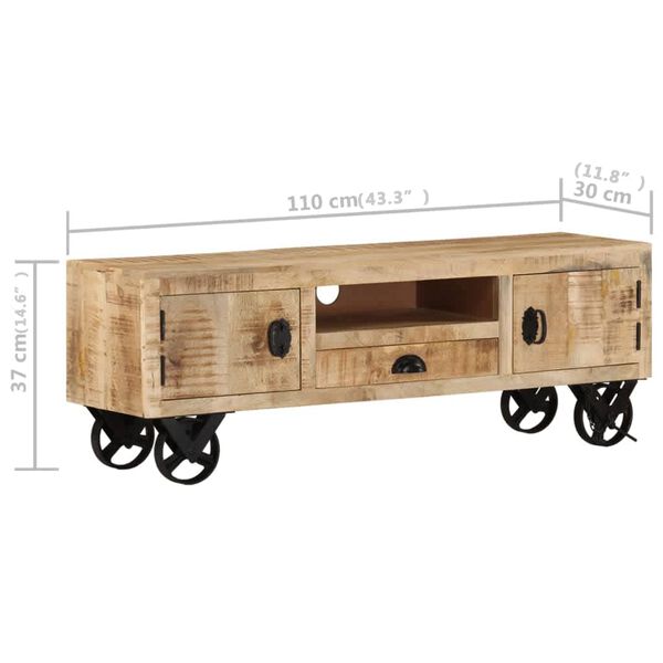 vidaXL Έπιπλο Τηλεόρασης με Ροδάκια 110x30x37 εκ. Ακατέργ. Ξύλο Μάνγκο