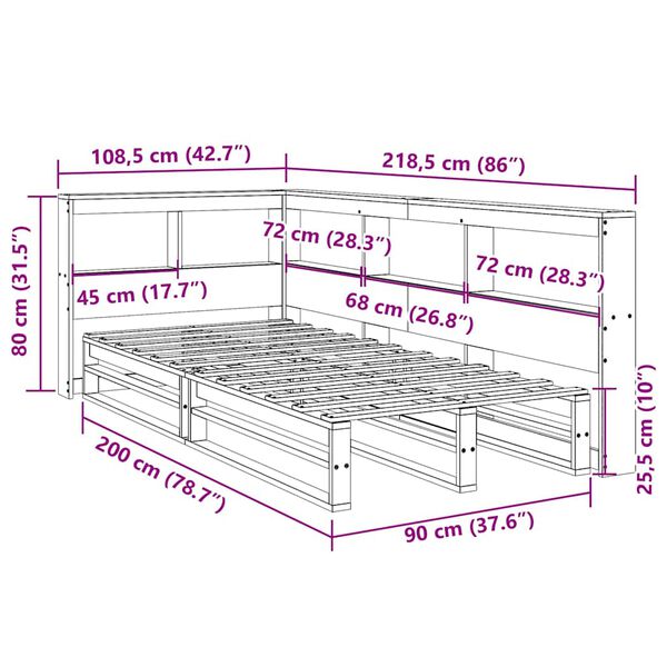 vidaXL Κρεβάτι Βιβλιοθήκη Χωρίς Στρώμα 90x200 εκ Μασίφ Ξύλο Πεύκου