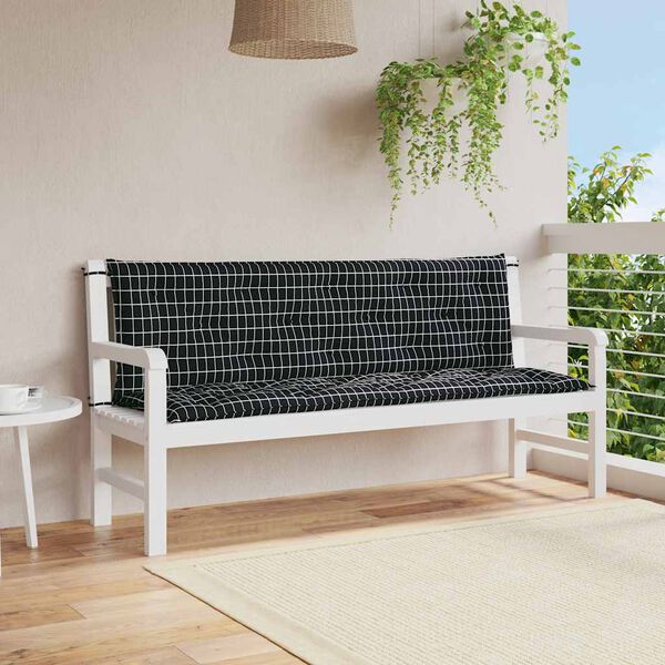 vidaXL Μαξιλάρια Πάγκου Κήπου 2 τεμ. Μαύρο Καρό 150x50x7 εκ. Ύφασμα