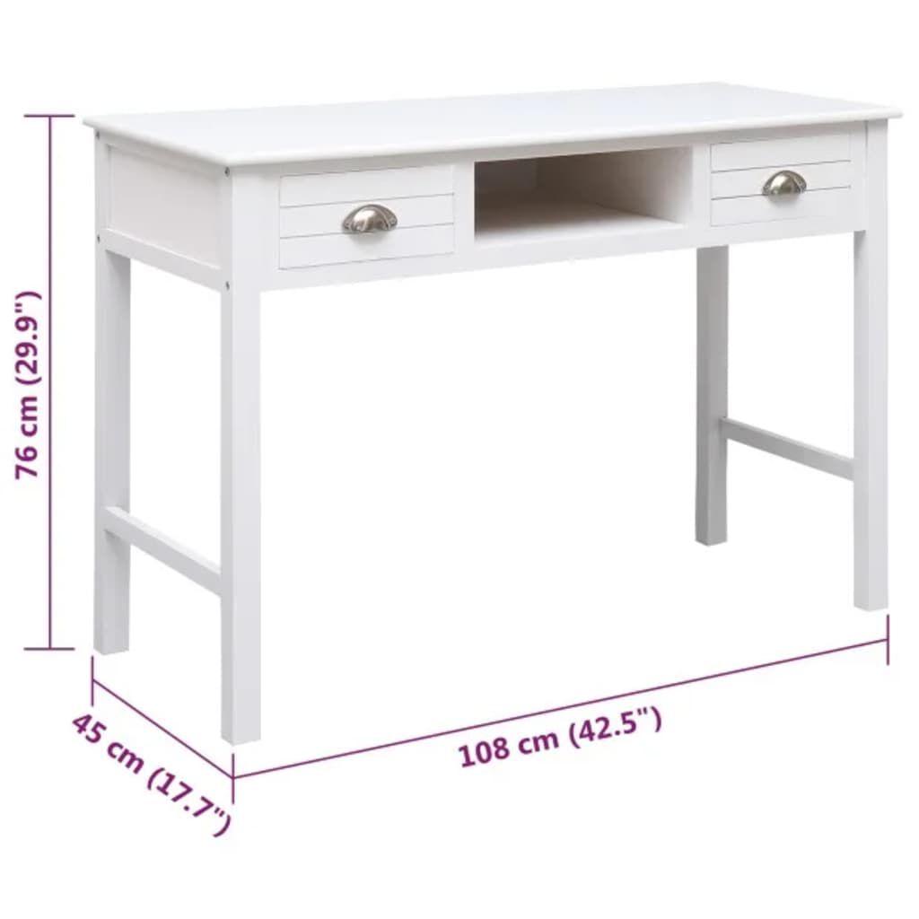 vidaXL Γραφείο Λευκό 108 x 45 x 76 εκ. από Μασίφ Ξύλο Παυλώνιας