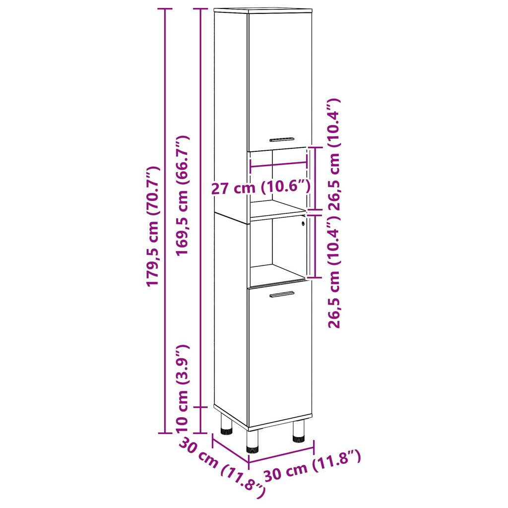 vidaXL Ντουλάπα Μπάνιου Μαύρης Δρυός 30x30x179 εκ. Φτιαγμένη από Ξύλο
