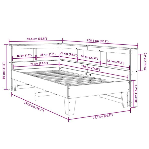 vidaXL Κρεβάτι Βιβλιοθήκη Χωρίς Στρώμα 75x190 εκ Μασίφ Ξύλο Πεύκου