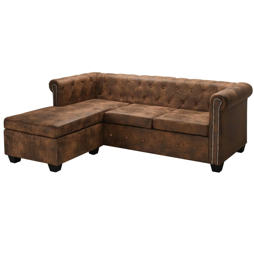 vidaXL Καναπές Chesterfield Γωνιακός Καφέ από Συνθετικό Καστόρι