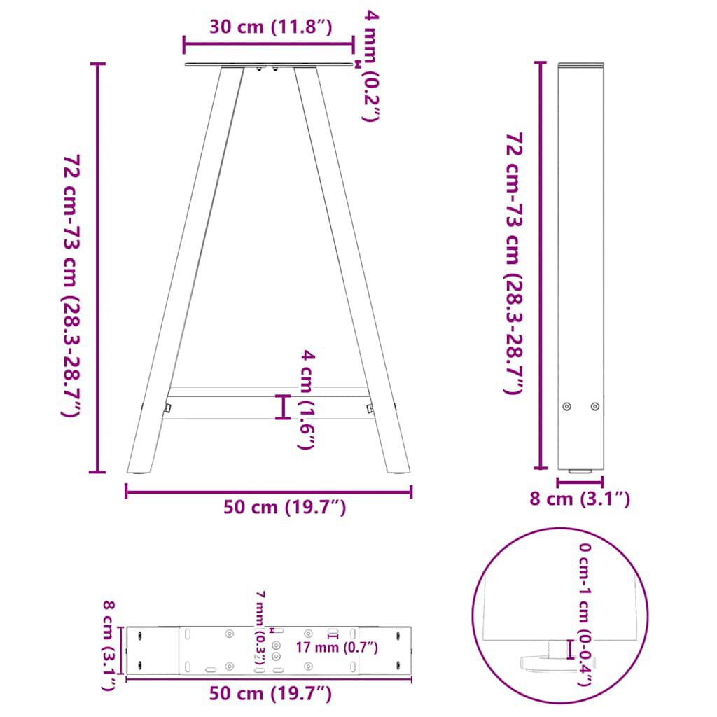 vidaXL Πόδια Τραπεζαρίας σε Σχήμα Α, 2 τεμ. Λευκά 50x(72-73) εκ. Ατσάλι