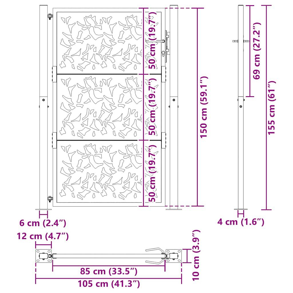 vidaXL Πύλη κήπου Μαύρη 105x155 cm Σχεδιασμός ατσαλένιου φύλλου