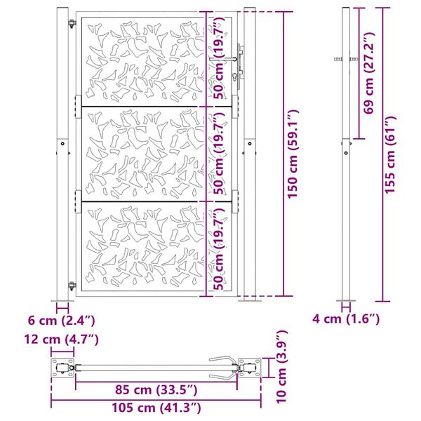 vidaXL Πύλη κήπου Μαύρη 105x155 cm Σχεδιασμός ατσαλένιου φύλλου