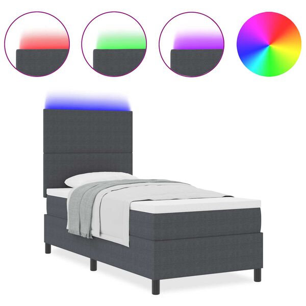 vidaXL Κρεβάτι με Σταθερό Σπρώξιμο με Στρώμα & LED Σκούρο Γκρι Μονοκλινο Κόρντουρα Ύφασμα