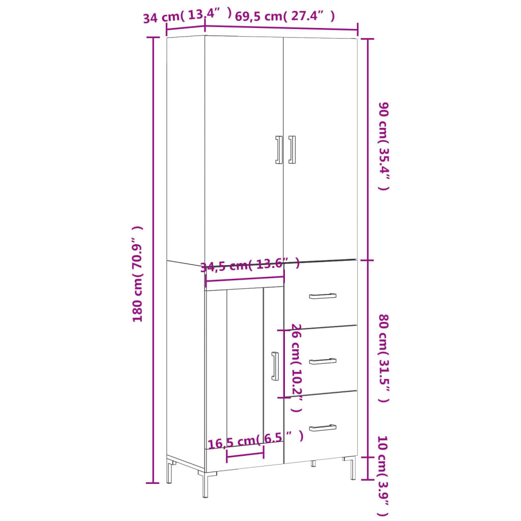 vidaXL Ντουλάπι Καφέ Δρυς 69,5 x 34 x 180 εκ. από Επεξεργασμένο Ξύλο