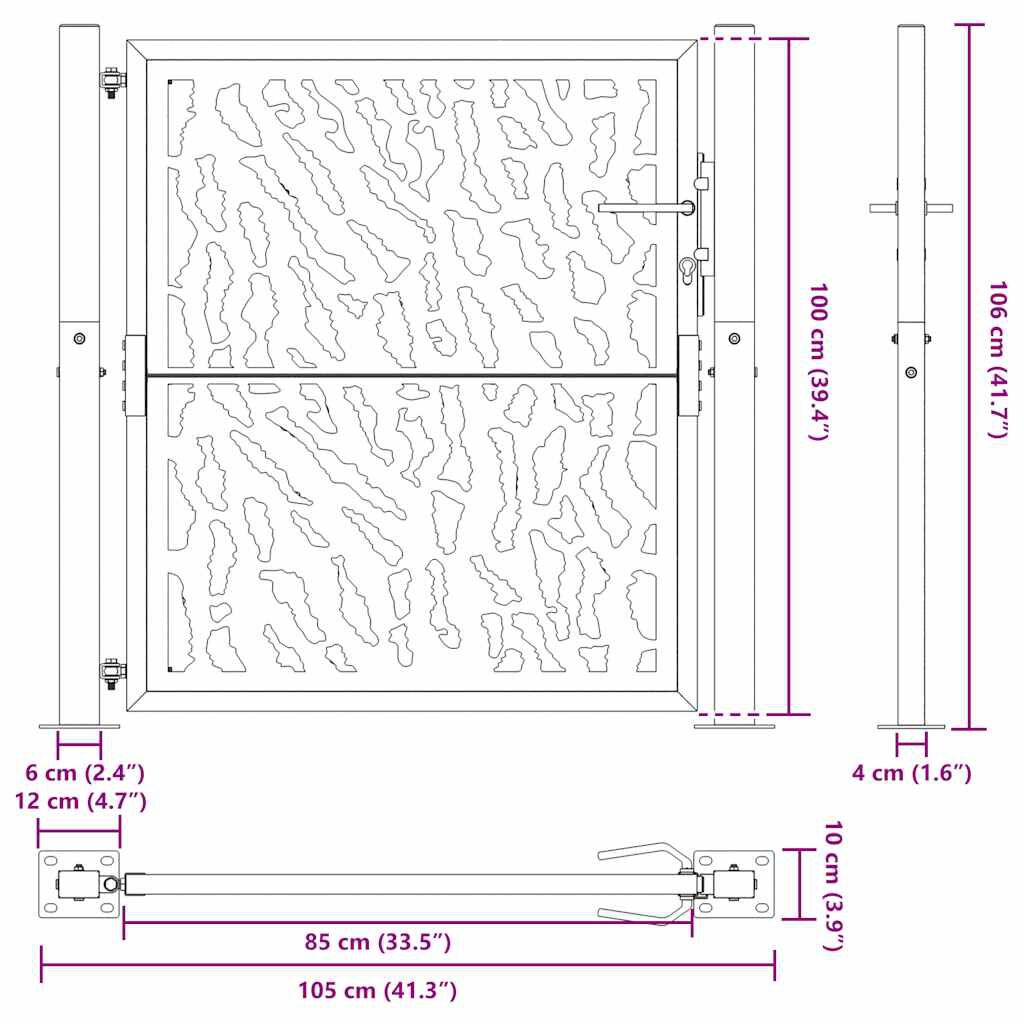 vidaXL Πύλη κήπου Μαύρη 105x106 cm Ατσάλινο ίχνος σχεδιασμού