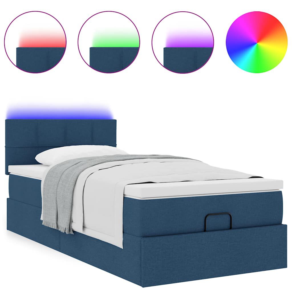 vidaXL Οθωμανικό κρεβάτι με στρώμα & LEDs Μπλε 90x200 cm Ύφασμα