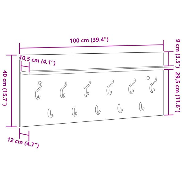 vidaXL Τοίχου Κρεμάστρα Λευκό 100 x 40 x 12 εκ Επεξεργασμένο ξύλο