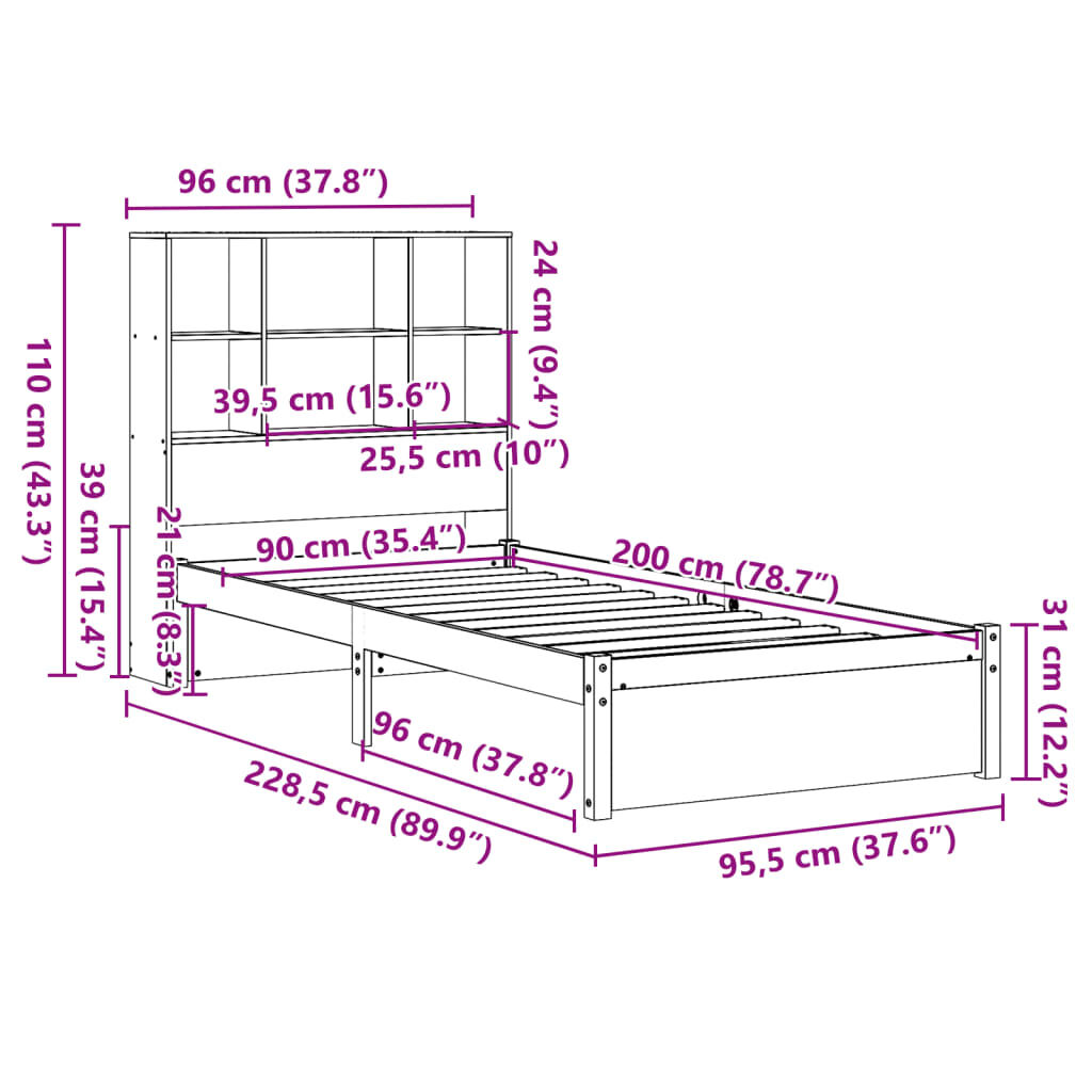 vidaXL Κρεβάτι Βιβλιοθήκη Χωρίς Στρώμα 90x200 εκ Μασίφ Ξύλο Πεύκου