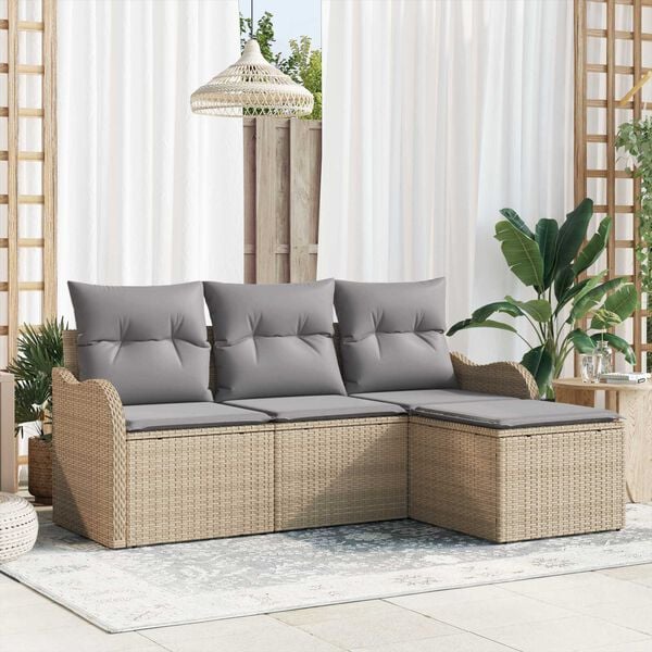 vidaXL Σετ Καναπέ Κήπου με μαξιλάρι 4 pcs Μπεζ Πολυ ράταν