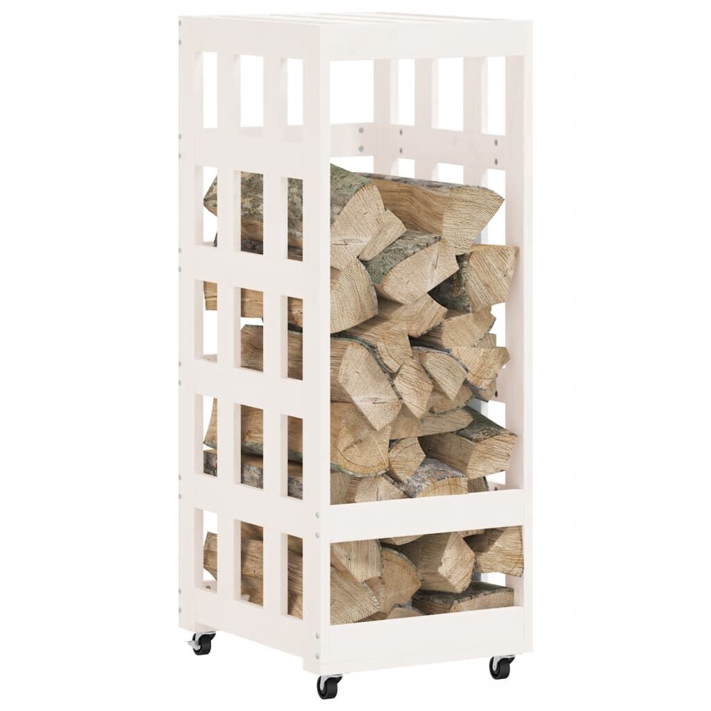 vidaXL Ξυλοθήκη με Τροχούς Λευκή 40x49x110 εκ. από Μασίφ Ξύλο Πεύκου