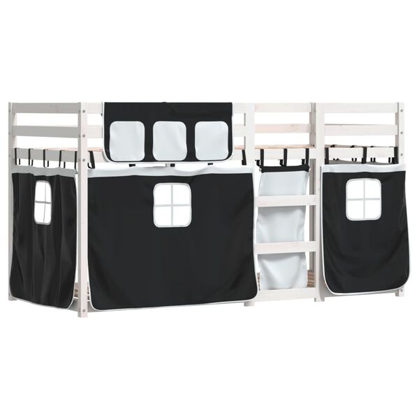 vidaXL Κουκέτα με Κουρτίνες Λευκό/Μαύρο 90x190 εκ. Μασίφ Ξύλο Πεύκου