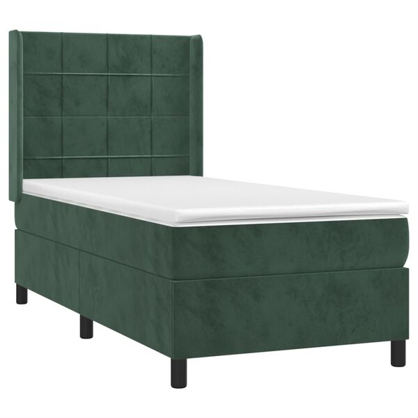 vidaXL Κρεβάτι Boxspring με Στρώμα & LED Σκ. Πράσινο 100x200εκ Βελούδο