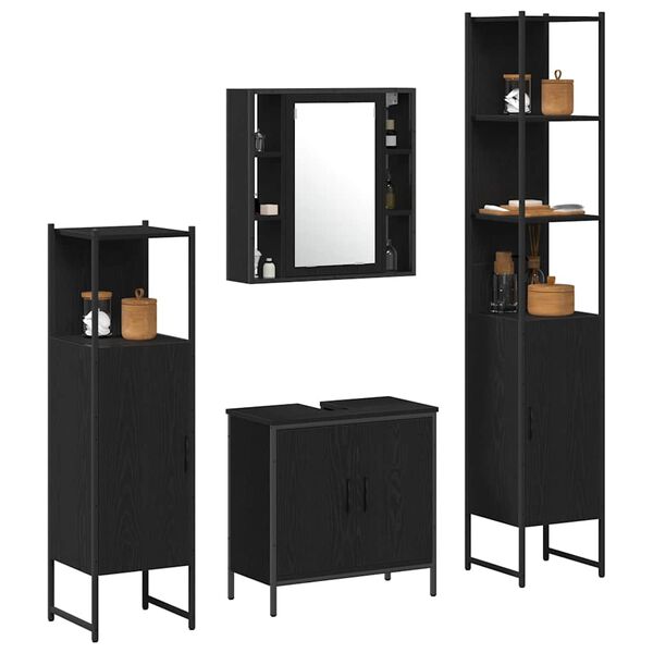 vidaXL Σετ Επίπλων Μπάνιου με ράφι 4 pcs Μαύρο 33 x 33 x 185.5 εκ