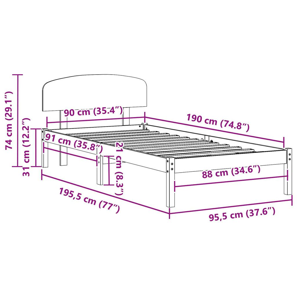 vidaXL Σκελετός Κρεβατιού Λευκό 90 x 190 cm Μασίφ ξύλο πεύκου