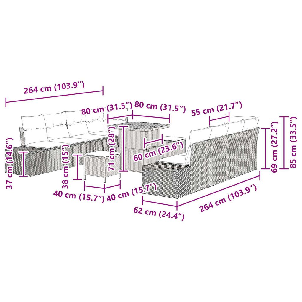 vidaXL Σετ Σαλονιού Κήπου 11 Τεμαχίων με Μαξιλάρια Μαύρο Πολυ Ρατάν Ακακία
