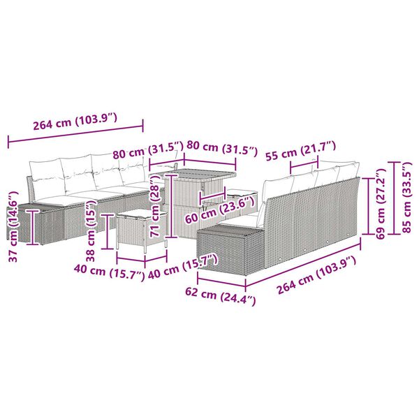 vidaXL Σετ Σαλονιού Κήπου 11 Τεμαχίων με Μαξιλάρια Μαύρο Πολυ Ρατάν Ακακία