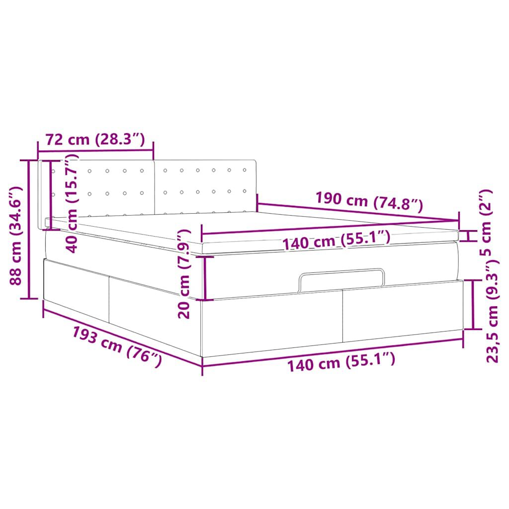 vidaXL Οθωμανικό κρεβάτι με στρώμα & LEDs Σκούρο γκρι 140x190cm Velvet