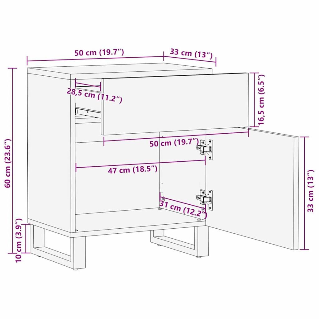 vidaXL Κομοδίνο Λευκό και μαύρο 50 x 33 x 60 εκ Μασίφ ξύλο μάνγκο