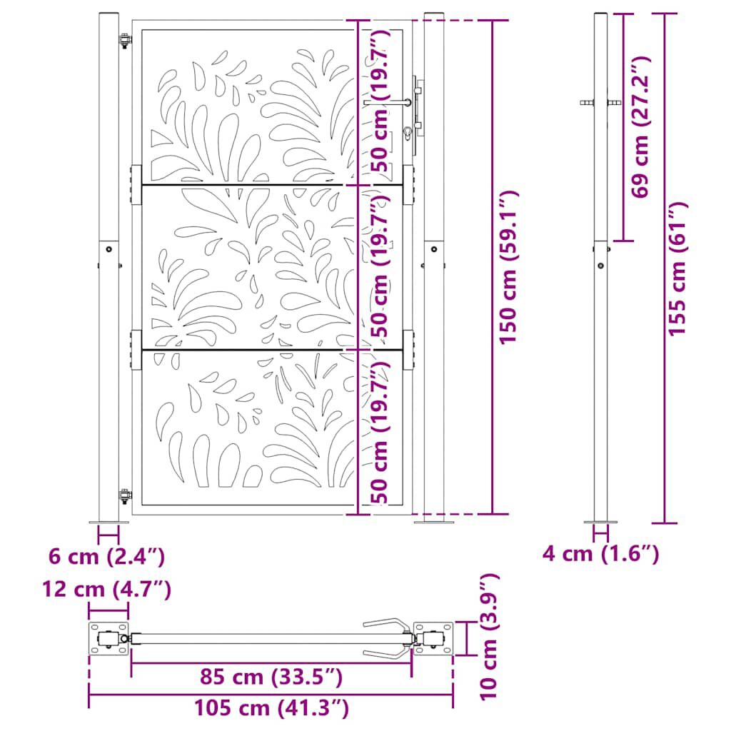 vidaXL Πύλη κήπου Μαύρη 105x155 cm Ατσάλινο σχέδιο κύματος